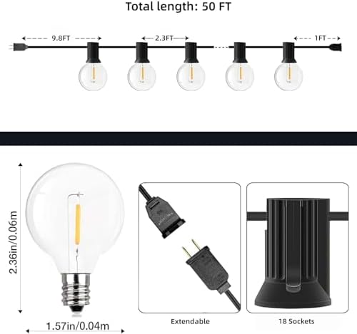 GPATIO Outdoor String Lights, 50FT G40 Bulbs Shatterproof Patio Lights, Waterproof Dimmable Hanging Outdoor, alternate view 6