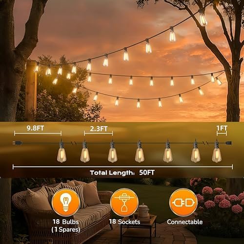 GPATIO Outdoor String Lights, 50FT ST38 Bulbs Shatterproof Patio Lights, Waterproof Dimmable Outside Hanging, alternate view