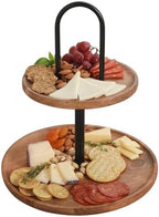 Gracious Dining 2-Tier Round Acacia Wood Serving Tray - Rustic Charcuterie Board Stand with Black Iron Handle