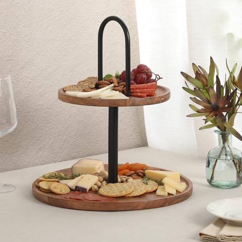 Gracious Dining 2-Tier Round Acacia Wood Serving Tray - Rustic Charcuterie Board Stand with Black Iron Handle, alternate view