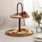 Gracious Dining 2-Tier Round Acacia Wood Serving Tray - Rustic Charcuterie Board Stand with Black Iron Handle, alternate view