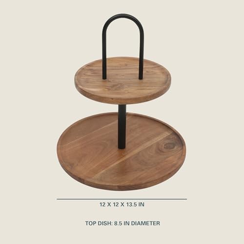 Gracious Dining 2-Tier Round Acacia Wood Serving Tray - Rustic Charcuterie Board Stand with Black Iron Handle, alternate view
