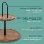Gracious Dining 2-Tier Round Acacia Wood Serving Tray - Rustic Charcuterie Board Stand with Black Iron Handle, alternate view