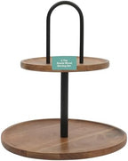 Gracious Dining 2-Tier Round Acacia Wood Serving Tray - Rustic Charcuterie Board Stand with Black Iron Handle, alternate view
