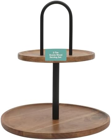 Gracious Dining 2-Tier Round Acacia Wood Serving Tray - Rustic Charcuterie Board Stand with Black Iron Handle, alternate view