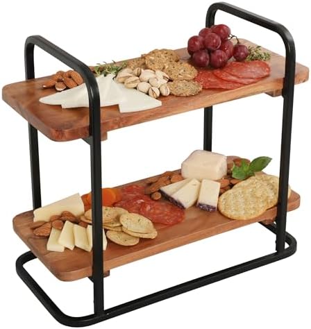 Gracious Dining 2-Tier Wooden Serving Tray with Metal Frame - Acacia Wood Rectangle Charcuterie Board, Cheese