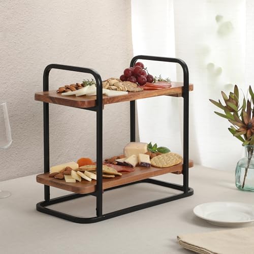 Gracious Dining 2-Tier Wooden Serving Tray with Metal Frame - Acacia Wood Rectangle Charcuterie Board, Cheese, alternate view