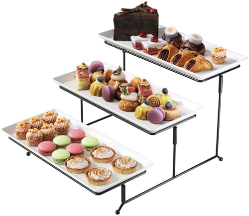 Gracious Dining 3-Tier Serving Display Stand, Rectangular White Porcelain Plates, Tiered Serving Display