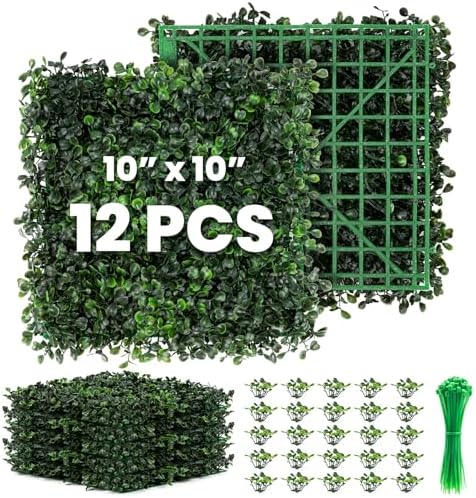 Grass Wall 12 Pack 10"x10" Artificial Boxwood Hedge Wall Panels, Privacy Hedge Screen Faux Boxwood for Outdoor