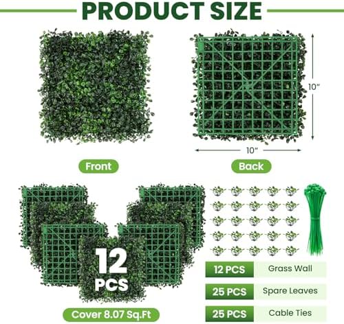 Grass Wall 12 Pack 10"x10" Artificial Boxwood Hedge Wall Panels, Privacy Hedge Screen Faux Boxwood for Outdoor, alternate