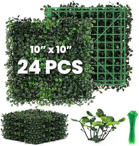 Grass Wall 24 Pack 10"x10" Artificial Boxwood Hedge Wall Panels, Privacy Hedge Screen Faux Boxwood for Outdoor