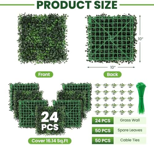 Grass Wall 24 Pack 10"x10" Artificial Boxwood Hedge Wall Panels, Privacy Hedge Screen Faux Boxwood for Outdoor, alternate