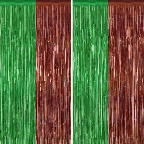 Green and Brown Metallic Fringe Curtains 2 Pack, Tinsel Backdrop for Party