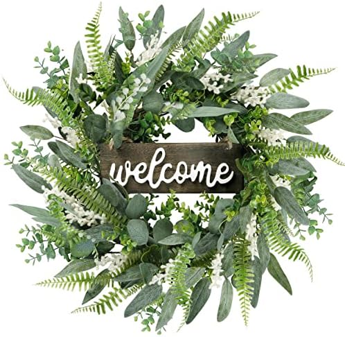 Green Artificial Eucalyptus Wreath with Welcome Sign 20in Mixed White Berries Spring Summer Wreath for Front