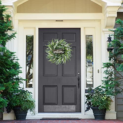 Green Artificial Eucalyptus Wreath with Welcome Sign 20in Mixed White Berries Spring Summer Wreath for Front, alternate view