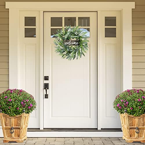 Green Artificial Eucalyptus Wreath with Welcome Sign 20in Mixed White Berries Spring Summer Wreath for Front, alternate view
