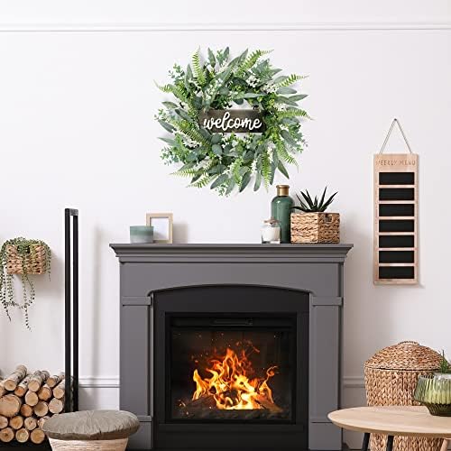Green Artificial Eucalyptus Wreath with Welcome Sign 20in Mixed White Berries Spring Summer Wreath for Front, alternate view
