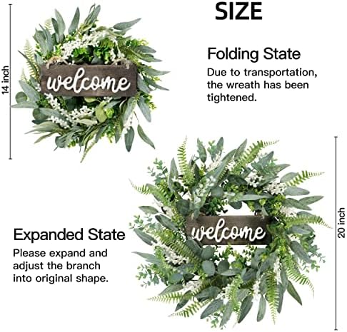 Green Artificial Eucalyptus Wreath with Welcome Sign 20in Mixed White Berries Spring Summer Wreath for Front, alternate view