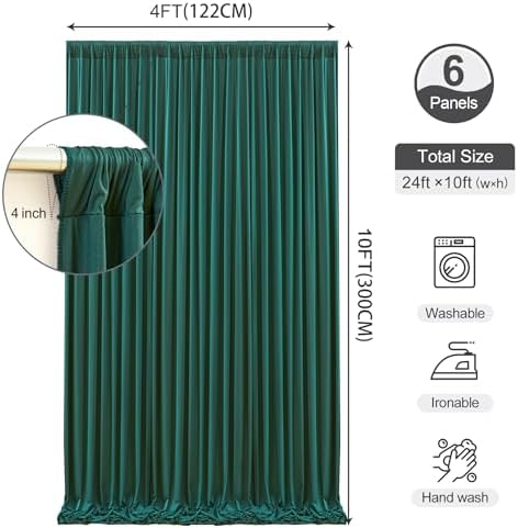 Green Backdrop Curtains 24 x 10ft for Photo Background Wrinkle Free in W4' x H10'(6 panels) in Green, alternate view 4