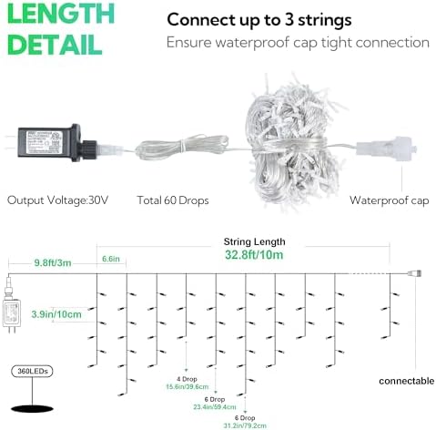 Green Christmas Icicle Lights, 33FT 360 LED 60 Drops, alternate view 5