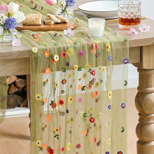 Green Embroidery Daisy Gauze Table Runner 120 Inch 10FT