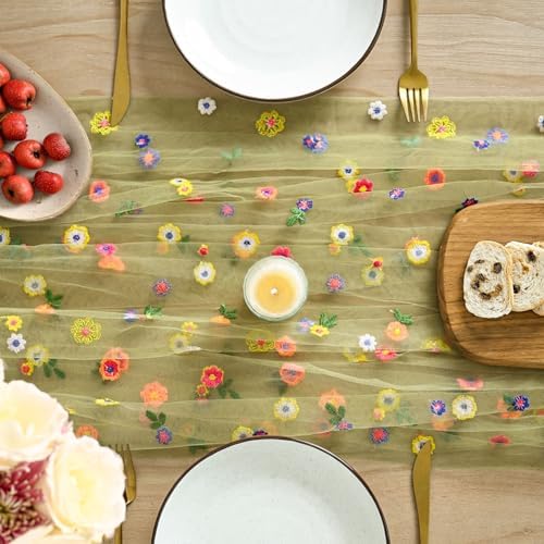 Green Embroidery Daisy Gauze Table Runner 120 Inch 10FT, alternate view 2