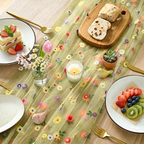 Green Embroidery Daisy Gauze Table Runner 120 Inch 10FT, alternate view 3