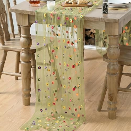 Green Embroidery Daisy Gauze Table Runner 120 Inch 10FT, alternate view 4