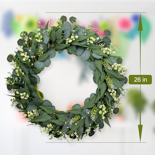 Green Eucalyptus Wreath 26 Inch Greenery Wreaths for Front Door Artificial Spring Summer Wreath with Green, alternate view 3