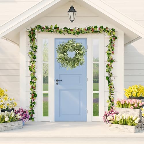 Green Eucalyptus Wreaths for Front Door Spring Summer Wreath with Eucalyptus Leaves, Olives Leaves, Mixed Berry, alternate