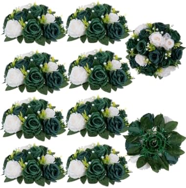 Green Flowers Artificial for Weddings: 10 Pcs, Fake Rose Balls in 9.5"x4.75" in Hunt Green & Forest Green &