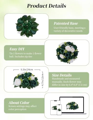 Green Flowers Artificial for Weddings: 10 Pcs, Fake Rose Balls in 9.5"x4.75" in Hunt Green & Forest Green &, alternate view 5