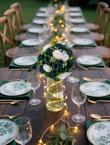 Green Flowers Artificial for Weddings: 10 Pcs, Fake Rose Balls in 9.5"x4.75" in Hunt Green & Forest Green &, alternate view 6