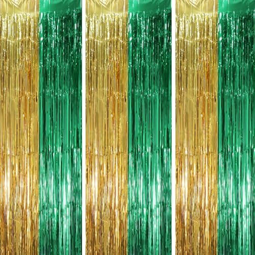 Green Gold Foil Fringe Backdrop Curtains, 3.3x8.2ft, 3 Pack in 3.3x8.2ft