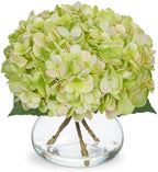 Green Hydrangea Artificial Flowers with Glass Vase Silk Faux Flowers Arrangements in Vase with Faux Water Fake