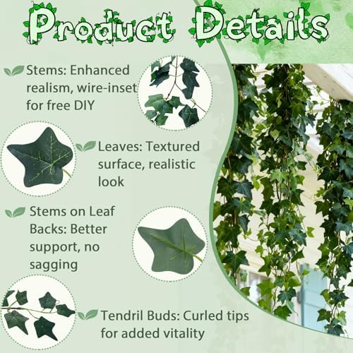 Green Ivy Vines Total 24FT 4 Pack Artificial Plant Silk Fake for Wall Hanging Decor Greenery Ceiling Decor Home, alternate