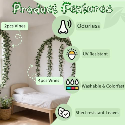 Green Ivy Vines Total 24FT 4 Pack Artificial Plant Silk Fake for Wall Hanging Decor Greenery Ceiling Decor Home, alternate