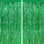 Green Metallic Fringe Curtains 2 Pack, Tinsel Backdrop for Parties