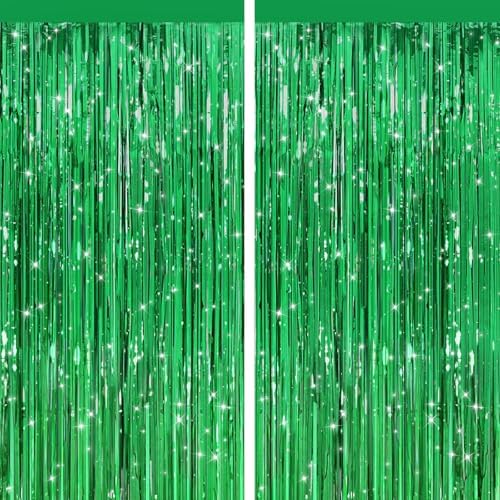 Green Metallic Fringe Curtains 2 Pack, Tinsel Backdrop for Parties