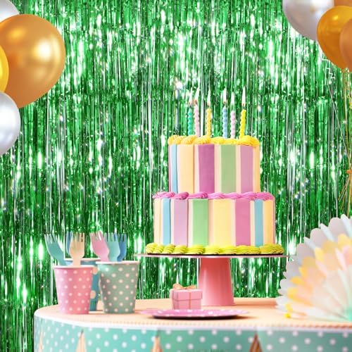 Green Metallic Fringe Curtains 2 Pack, Tinsel Backdrop for Parties, alternate view 5