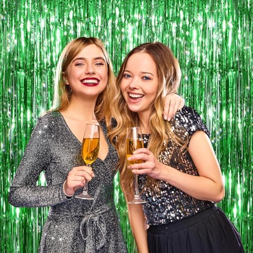 Green Metallic Fringe Curtains 2 Pack, Tinsel Backdrop for Parties, alternate view 6