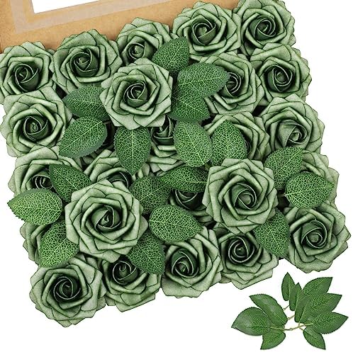 Green Rose 25pcs Real Looking Artificial Flowers w/Stem in Green