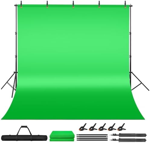 Green Screen Backdrop Kit, 6.5 x 10 Ft Portable Greenscreen Background with Stand, 5 Clamps & Carrying Bag for