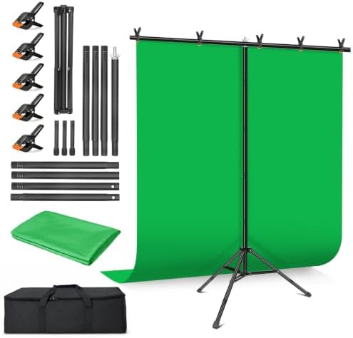 Green Screen Backdrop Kit with Stand for Streaming, 5x7ft Photo Greenscreen Background with Portable T-Shape