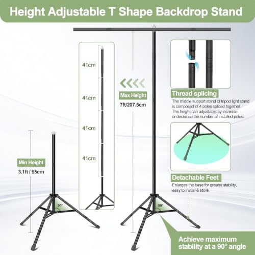 Green Screen Backdrop Kit with Stand for Streaming, 5x7ft Photo Greenscreen Background with Portable T-Shape, alternate view