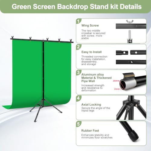 Green Screen Backdrop Kit with Stand for Streaming, 5x7ft Photo Greenscreen Background with Portable T-Shape, alternate view