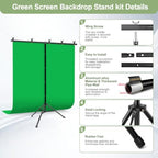 Green Screen Backdrop Kit with Stand for Streaming, 5x7ft Photo Greenscreen Background with Portable T-Shape, alternate view