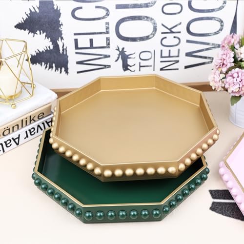 Green Serving Tray for Coffee Table, Octagonal Beaded Plastic Decorative Tray for Ottoman, Kitchen Counter, alternate view 3
