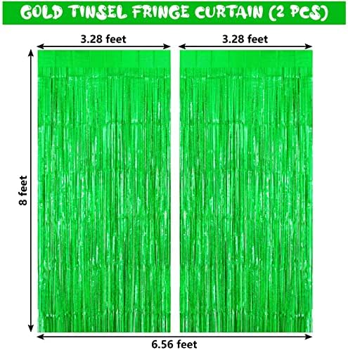Green Tinsel Foil Fringe Curtain Backdrop, 3.3 x 8.2 ft Metallic Glitter Curtain Streamers, 2 Pack Green, alternate view 3
