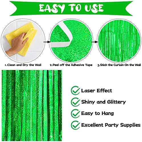 Green Tinsel Foil Fringe Curtain Backdrop, 3.3 x 8.2 ft Metallic Glitter Curtain Streamers, 2 Pack Green, alternate view 4